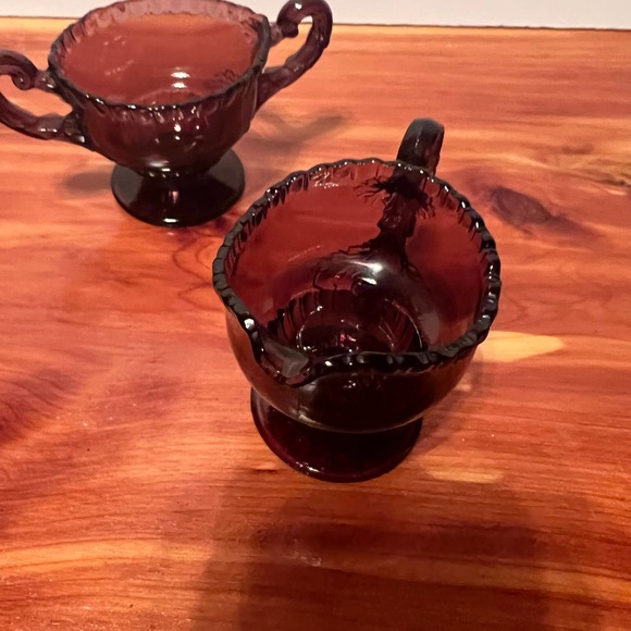Vintage Small Cream & Sugar Set Red Amber Glass MidCentury Modern Cottage Core - Picture 4 of 7